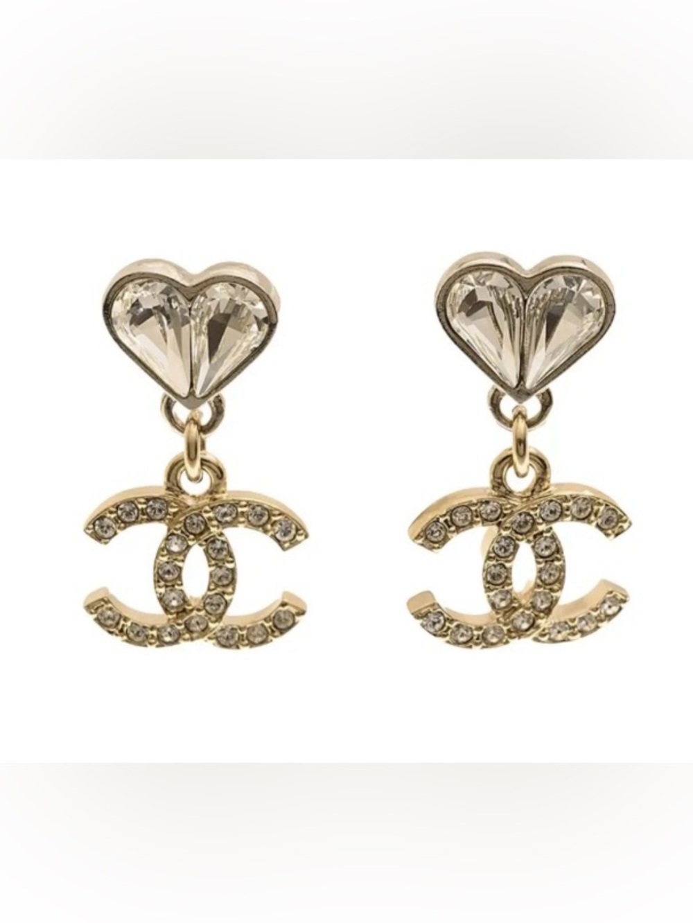 ChaneI. Metal Crystal Logo Heart Drop Earrings in Gold-Tone